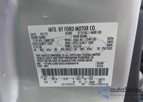 2012 Ford Escape Limited z USA, uszkodzony, nr VIN 1FMCU9EG0CKB89474